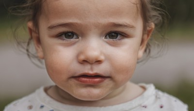 1girl,solo,looking at viewer,short hair,brown hair,shirt,brown eyes,closed mouth,white shirt,parted lips,blurry,lips,depth of field,blurry background,child,portrait,close-up,realistic,nose,female child,old woman,eyelashes