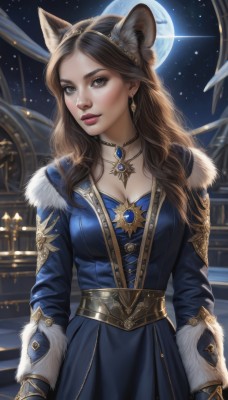 1girl,solo,long hair,breasts,looking at viewer,brown hair,gloves,long sleeves,dress,animal ears,cleavage,brown eyes,jewelry,medium breasts,standing,hairband,earrings,outdoors,parted lips,sky,choker,cat ears,necklace,lips,coat,animal ear fluff,fur trim,makeup,night,blue dress,watermark,moon,gem,star (sky),night sky,full moon,pendant,starry sky,gold trim,nose,artist name,parted bangs,fake animal ears,wavy hair,wolf ears,forehead,freckles,realistic