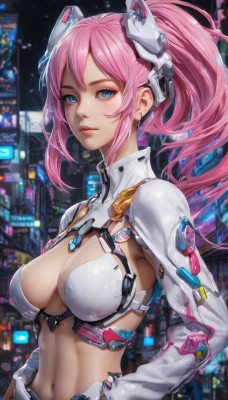 1girl,solo,long hair,breasts,looking at viewer,bangs,blue eyes,large breasts,hair ornament,navel,cleavage,medium breasts,closed mouth,upper body,ponytail,pink hair,sidelocks,outdoors,midriff,lips,bodysuit,headgear,blush,long sleeves,hair between eyes,twintails,artist name,signature,stomach,armor,blurry,from side,hand on hip,clothing cutout,eyelashes,night,blurry background,expressionless,building,science fiction,city