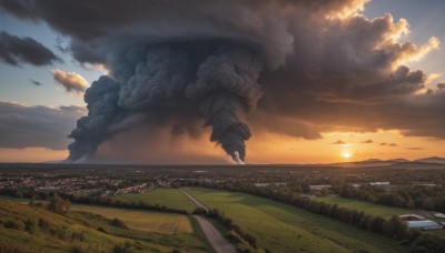 outdoors,sky,cloud,tree,dutch angle,no humans,sunlight,cloudy sky,grass,ground vehicle,building,nature,scenery,smoke,sunset,mountain,city,sun,road,cityscape,landscape,ocean,aircraft,airplane,river