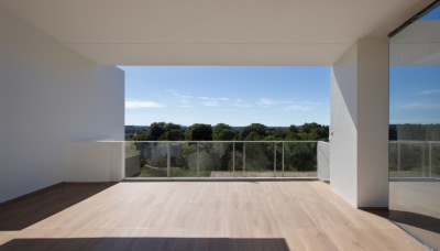 outdoors,sky,day,cloud,indoors,water,tree,blue sky,no humans,window,shadow,ocean,building,scenery,fence,door,horizon,wooden floor,tiles,wall