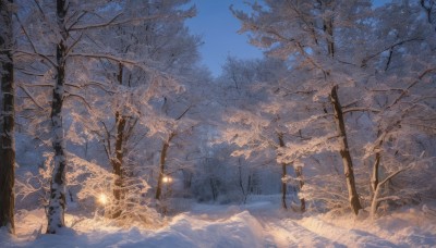 outdoors,sky,day,tree,blue sky,no humans,nature,scenery,snow,forest,road,winter,bare tree,solo,coat,sunlight,light