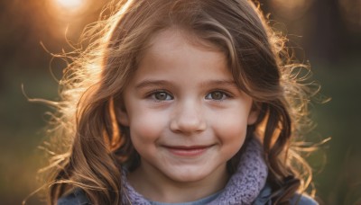 1girl,solo,long hair,looking at viewer,smile,brown hair,brown eyes,closed mouth,blurry,lips,depth of field,blurry background,wavy hair,messy hair,portrait,curly hair,realistic,nose,open mouth,scarf