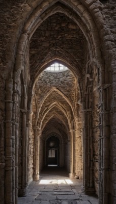 day,indoors,no humans,window,sunlight,scenery,stairs,door,architecture,ruins,pillar,hallway,church,arch,column,stone floor,vanishing point,shadow,light rays,light,wall,sunbeam,gate,stone wall