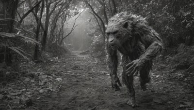 solo,1boy,standing,monochrome,greyscale,male focus,outdoors,tree,no humans,grass,nature,scenery,claws,furry,forest,monster,furry male,signature,sharp teeth,wolf