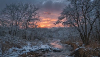 outdoors,sky,cloud,water,tree,no humans,cloudy sky,grass,nature,scenery,snow,forest,sunset,rock,mountain,winter,bare tree,evening,landscape,orange sky,sunlight,plant,river