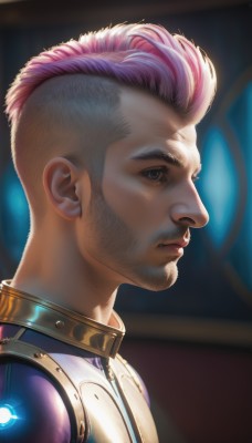 solo,short hair,1boy,brown eyes,closed mouth,upper body,pink hair,male focus,multicolored hair,blurry,from side,two-tone hair,lips,profile,blurry background,facial hair,portrait,beard,realistic,nose,mustache,very short hair,undercut,mohawk,armor,collar,scar,thick eyebrows,close-up,backlighting,light,buzz cut