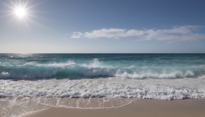 outdoors,sky,day,cloud,water,blue sky,no humans,ocean,beach,scenery,sand,sun,horizon,waves,shore,military,sunlight,vehicle focus