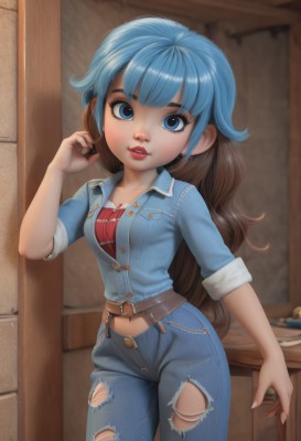 1girl,solo,long hair,breasts,looking at viewer,blue eyes,brown hair,shirt,navel,blue hair,multicolored hair,cowboy shot,parted lips,midriff,belt,pants,hand up,two-tone hair,lips,torn clothes,makeup,denim,lipstick,sleeves rolled up,jeans,unbuttoned,blue pants,red lips,torn pants,torn jeans,denim jacket,bangs,medium breasts,collarbone,jacket,teeth,indoors,eyelashes