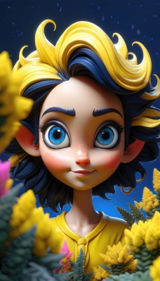 1girl,solo,looking at viewer,smile,short hair,blue eyes,blonde hair,shirt,black hair,closed mouth,blue hair,upper body,flower,multicolored hair,outdoors,artist name,blurry,two-tone hair,lips,eyelashes,depth of field,blue background,child,portrait,freckles,yellow shirt,blurry foreground,yellow flower,sky,pointy ears,streaked hair,leaf,messy hair,female child