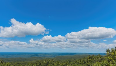 outdoors,sky,day,cloud,water,tree,blue sky,no humans,ocean,cloudy sky,grass,plant,nature,scenery,horizon,field,summer,landscape,hill