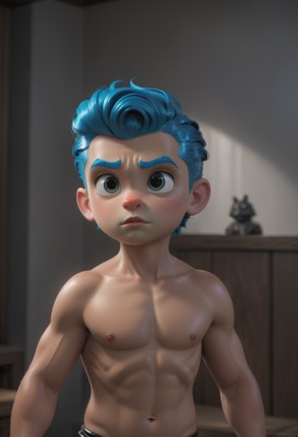 solo,looking at viewer,blush,short hair,1boy,navel,nipples,green eyes,blue hair,collarbone,upper body,male focus,parted lips,shiny,pants,indoors,stomach,blurry,shiny skin,bed,muscular,blurry background,stuffed toy,abs,thick eyebrows,pectorals,muscular male,child,freckles,toned,topless male,realistic,male child,toned male,hair slicked back,blue eyes,underwear,artist name,watermark,male underwear,black male underwear