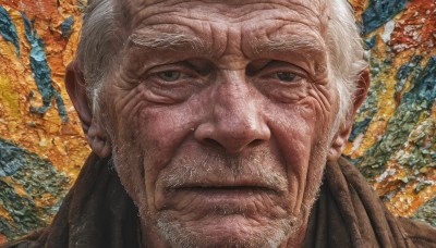 solo,looking at viewer,short hair,1boy,closed mouth,white hair,male focus,grey eyes,facial hair,scar,portrait,beard,close-up,rock,realistic,mustache,manly,old,old man,wrinkled skin,grey hair,black eyes,scar on face,brown jacket