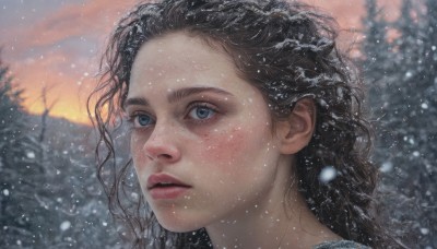 1girl,solo,long hair,looking at viewer,blush,blue eyes,brown hair,black hair,outdoors,parted lips,sky,blurry,tree,lips,eyelashes,portrait,nature,snow,freckles,curly hair,snowing,realistic,nose,winter,blurry background,wind,sunset,bare tree