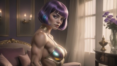 1girl,solo,breasts,looking at viewer,short hair,bangs,blue eyes,large breasts,cleavage,bare shoulders,jewelry,medium breasts,closed mouth,purple eyes,swimsuit,upper body,purple hair,flower,bikini,indoors,dark skin,blunt bangs,armor,from side,dark-skinned female,lips,pillow,window,sideboob,makeup,muscular,abs,sunlight,bob cut,curtains,couch,eyeshadow,backlighting,realistic,nose,muscular female,eyeliner,candle,bikini armor,neck ring,biceps,vase,earrings,choker,day,shiny,bra,eyelashes,rose,thick eyebrows,bikini top only,purple flower,strap gap,purple rose,mascara