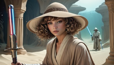 1girl,looking at viewer,short hair,brown hair,1boy,hat,holding,standing,upper body,weapon,outdoors,solo focus,day,sword,signature,water,holding weapon,lips,grey eyes,white headwear,wavy hair,holding sword,science fiction,curly hair,sun hat,robe,realistic,nose,fantasy,pillar,statue,energy sword,white robe,column,lightsaber,parted lips,sand