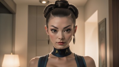 1girl,solo,looking at viewer,short hair,brown hair,black hair,dress,bare shoulders,brown eyes,jewelry,collarbone,earrings,choker,indoors,dark skin,hair bun,blurry,dark-skinned female,lips,double bun,makeup,blurry background,black choker,single hair bun,portrait,forehead,hoop earrings,realistic,nose,red lips,lamp,closed mouth,upper body,collar,eyelashes,eyeshadow