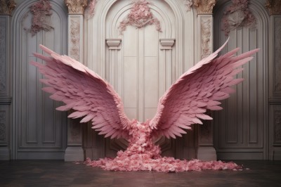 PREMIUM,flower,wings,indoors,petals,no humans,window,cherry blossoms,scenery,feathered wings,pink flower,angel wings,fantasy,door,tiles,tile floor,pink theme,pillar,multiple wings,column,pink wings,1girl,solo,rose,wooden floor,angel,large wings