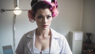 1girl,solo,breasts,looking at viewer,short hair,large breasts,shirt,hat,cleavage,brown eyes,medium breasts,closed mouth,collarbone,white shirt,upper body,pink hair,short sleeves,multicolored hair,indoors,hair bun,blurry,two-tone hair,lips,grey eyes,double bun,makeup,blurry background,lipstick,realistic,nurse cap,red lips,nurse,blue eyes,depth of field,nose,light,lamp