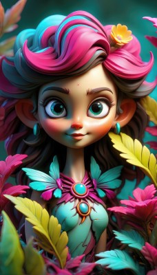 1girl,solo,long hair,breasts,looking at viewer,blush,smile,brown hair,hair ornament,dress,jewelry,closed mouth,green eyes,upper body,pink hair,flower,multicolored hair,earrings,small breasts,sleeveless,artist name,hair flower,two-tone hair,lips,eyelashes,makeup,leaf,facial mark,thick eyebrows,plant,brooch,gem,freckles,nose,blue eyes,watermark,bug,butterfly,web address,fairy