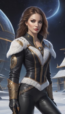 1girl,solo,long hair,breasts,looking at viewer,brown hair,gloves,long sleeves,cleavage,brown eyes,jewelry,medium breasts,closed mouth,standing,jacket,cowboy shot,earrings,sky,black gloves,pants,artist name,armor,lips,black jacket,fur trim,makeup,night,black pants,moon,lipstick,star (sky),night sky,starry sky,realistic,nose,arms at sides,red lips,leather,leather pants,necklace,space,planet