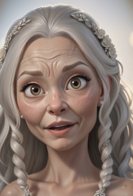 1girl,solo,long hair,looking at viewer,smile,open mouth,hair ornament,bare shoulders,brown eyes,jewelry,collarbone,braid,flower,grey hair,earrings,parted lips,teeth,hair flower,twin braids,lips,portrait,forehead,freckles,realistic,artist name,eyelashes,watermark,web address,nose