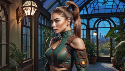 1girl,solo,long hair,breasts,looking at viewer,blue eyes,brown hair,cleavage,bare shoulders,brown eyes,jewelry,medium breasts,upper body,ponytail,earrings,sky,midriff,indoors,lips,clothing cutout,window,night,high ponytail,plant,nose,clock,potted plant,hair pulled back,crop top,star (sky),night sky,realistic,lamp