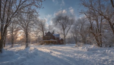 outdoors,sky,day,cloud,tree,blue sky,no humans,window,sunlight,cloudy sky,building,nature,scenery,snow,forest,snowing,mountain,fence,road,architecture,house,winter,bare tree