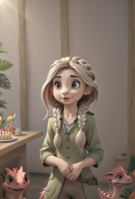 1girl,solo,long hair,smile,blonde hair,shirt,long sleeves,brown eyes,closed mouth,standing,collarbone,tail,braid,white hair,cowboy shot,food,belt,pants,indoors,twin braids,lips,fruit,table,sunlight,thick eyebrows,plant,child,hair over shoulder,cake,green shirt,female child,candle,brown pants,blue eyes,artist name,own hands together,birthday cake