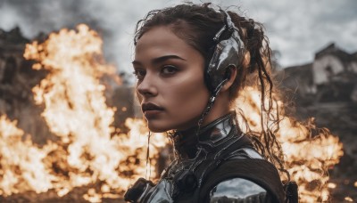 1girl,solo,brown hair,brown eyes,upper body,ponytail,parted lips,dark skin,blurry,dark-skinned female,lips,bodysuit,blurry background,portrait,headset,science fiction,realistic,nose,explosion,very dark skin,earpiece,long hair,looking at viewer,black hair,outdoors,from side,depth of field,headphones