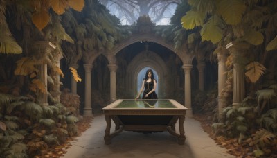 1girl,solo,long hair,breasts,looking at viewer,black hair,dress,bare shoulders,sitting,outdoors,sleeveless,black dress,tree,leaf,table,plant,instrument,nature,scenery,forest,pillar,piano,medium breasts,closed eyes,sleeveless dress,music,autumn leaves,wide shot,playing instrument