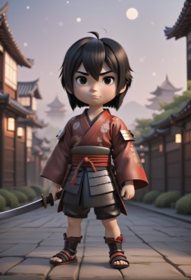 1girl,solo,looking at viewer,short hair,black hair,long sleeves,1boy,holding,hair between eyes,brown eyes,closed mouth,standing,full body,weapon,ahoge,male focus,outdoors,japanese clothes,shorts,sword,kimono,holding weapon,armor,mole,blurry,black eyes,sash,night,blurry background,holding sword,obi,black shorts,moon,sandals,thick eyebrows,katana,shoulder armor,child,full moon,japanese armor,red kimono,male child,architecture,east asian architecture,samurai,bangs,brown hair,artist name,wide sleeves,chibi,tree,lips,frown,floral print,building,sheath,clenched hand,androgynous,serious,pavement,stone floor