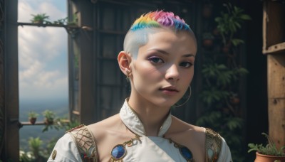 1girl,solo,looking at viewer,short hair,jewelry,blue hair,collarbone,upper body,pink hair,multicolored hair,earrings,parted lips,day,indoors,blurry,two-tone hair,lips,grey eyes,makeup,blurry background,plant,portrait,androgynous,eyeshadow,realistic,potted plant,very short hair,mascara,blue eyes,white hair,green hair,sky,artist name,eyelashes,window,gradient hair,piercing,forehead,freckles,asymmetrical hair,hoop earrings,nose,eyeliner,rainbow hair