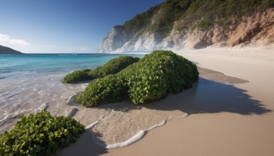 outdoors,sky,day,cloud,water,tree,blue sky,no humans,shadow,ocean,beach,grass,plant,nature,scenery,rock,mountain,sand,horizon,bush,landscape,shore,waves,island