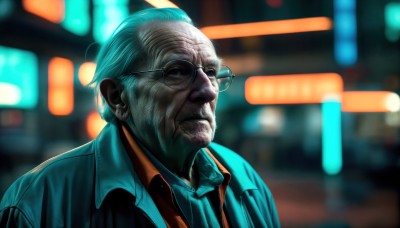 HQ,solo,looking at viewer,shirt,1boy,bow,closed mouth,jacket,upper body,white hair,grey hair,male focus,outdoors,glasses,collared shirt,bowtie,blurry,night,blurry background,facial hair,formal,suit,beard,realistic,round eyewear,mustache,manly,old,old man,blue eyes,necktie,depth of field,portrait