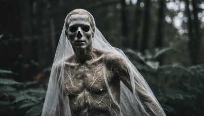 solo,looking at viewer,1boy,upper body,white hair,male focus,blurry,tattoo,mask,blurry background,nature,veil,facing viewer,closed mouth,collarbone,nude,no humans,bald,statue