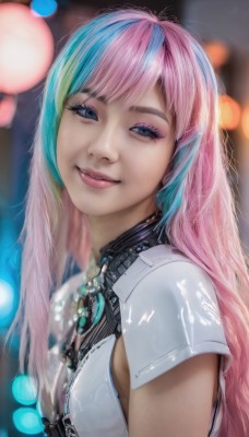 1girl,solo,long hair,breasts,looking at viewer,smile,bangs,blue eyes,shirt,jewelry,blue hair,white shirt,upper body,pink hair,short sleeves,multicolored hair,parted lips,necklace,blurry,from side,two-tone hair,lips,streaked hair,head tilt,eyelashes,aqua hair,makeup,depth of field,blurry background,lipstick,eyeshadow,realistic,nose,eyeliner,bokeh,mascara,small breasts,artist name,science fiction,pink lips,cyberpunk