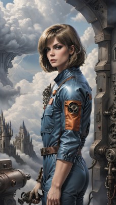 1girl,solo,looking at viewer,short hair,blue eyes,blonde hair,brown hair,gloves,standing,jacket,ass,cowboy shot,outdoors,parted lips,sky,day,belt,pants,cloud,signature,from side,blue sky,lips,cloudy sky,denim,blue jacket,building,armband,freckles,science fiction,realistic,nose,mechanical arms,leather,cyborg,dirty,single mechanical arm,tower,denim jacket,holding,brown eyes,jewelry,weapon,earrings,uniform,gun,jeans,castle,jumpsuit,wrench,steampunk,walkie-talkie