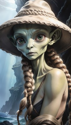 1girl,solo,long hair,breasts,looking at viewer,brown hair,hat,bare shoulders,green eyes,upper body,braid,small breasts,parted lips,pointy ears,water,twin braids,lips,colored skin,sunlight,nose,green skin,cave,closed mouth,collarbone,bra,hair over shoulder,freckles,blue skin