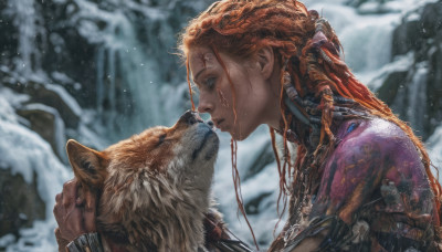 1girl, solo, long hair, jewelry, upper body, red hair, outdoors, orange hair, blurry, from side, profile, blurry background, animal, snow, science fiction, dog, realistic, holding animal