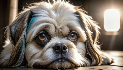 HQ,solo,looking at viewer,brown eyes,indoors,signature,blurry,no humans,facial hair,animal,portrait,close-up,realistic,lamp,animal focus,old,whiskers,wrinkled skin,white hair,multicolored hair,artist name,watermark,table,web address,dog,light