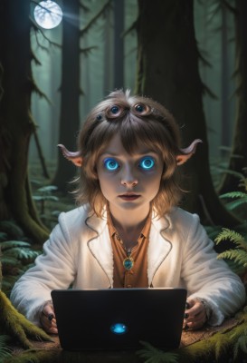 1girl,solo,looking at viewer,short hair,bangs,blue eyes,brown hair,shirt,long sleeves,jewelry,closed mouth,jacket,upper body,outdoors,open clothes,pointy ears,collared shirt,necklace,nail polish,blurry,tree,lips,coat,night,glowing,moon,ring,grass,goggles,nature,black nails,glowing eyes,full moon,pendant,forest,goggles on head,realistic,labcoat,white coat,computer,orange shirt,laptop,horror (theme),blonde hair,animal ears,earrings,leaf,nose,eyeball,moonlight