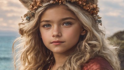 1girl,solo,long hair,looking at viewer,blue eyes,blonde hair,hair ornament,closed mouth,flower,outdoors,sky,day,cloud,signature,hair flower,blurry,lips,grey eyes,eyelashes,depth of field,blurry background,wavy hair,cloudy sky,feathers,portrait,freckles,curly hair,realistic,nose,head wreath,animal ears,jewelry,water,ocean,close-up