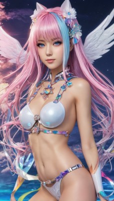 1girl,solo,long hair,breasts,looking at viewer,smile,bangs,blue eyes,hair ornament,gloves,navel,animal ears,cleavage,jewelry,medium breasts,blue hair,swimsuit,pink hair,flower,bikini,multicolored hair,cowboy shot,wings,sky,shiny,cat ears,hair flower,water,two-tone hair,lips,streaked hair,detached collar,white bikini,star (sky),feathered wings,angel wings,realistic,white wings,bare shoulders,standing,outdoors,artist name,cloud,necklace,night,watermark,night sky,starry sky