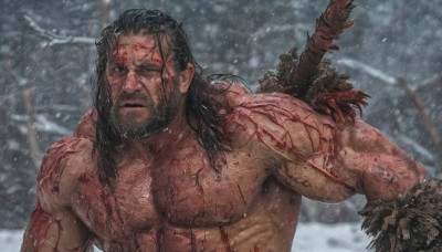 solo,long hair,looking at viewer,black hair,1boy,nipples,upper body,weapon,male focus,outdoors,sword,dark skin,blurry,blood,muscular,blurry background,facial hair,scar,dark-skinned male,pectorals,muscular male,bara,beard,scar on face,snow,topless male,injury,blood on face,snowing,mature male,scar across eye,manly,chest hair,weapon on back,impaled,holding,closed mouth,abs,veins,realistic,blood on clothes,biceps,cuts,veiny arms