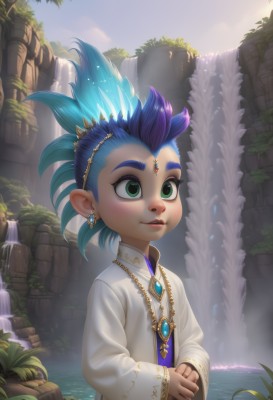 solo,long sleeves,1boy,jewelry,green eyes,blue hair,upper body,male focus,multicolored hair,earrings,outdoors,parted lips,sky,day,artist name,signature,wide sleeves,water,necklace,lips,glowing,own hands together,plant,spiked hair,gem,robe,fantasy,male child,waterfall,white robe,1girl,hair ornament,pointy ears,leaf