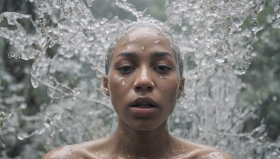 1girl,solo,looking at viewer,short hair,open mouth,1boy,white hair,grey hair,male focus,outdoors,parted lips,water,blurry,black eyes,tree,lips,wet,blurry background,portrait,realistic,collarbone,upper body,nude,teeth,freckles,water drop