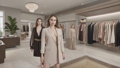 1girl,solo,long hair,breasts,looking at viewer,multiple girls,blonde hair,brown hair,long sleeves,dress,cleavage,jewelry,medium breasts,closed mouth,standing,collarbone,jacket,earrings,indoors,black dress,lips,coat,window,no bra,chair,formal,table,suit,plant,reflection,robe,mirror,potted plant,office,2girls,brown eyes,makeup,lipstick,scenery,realistic,red lips,lamp,carpet,cabinet,bathrobe