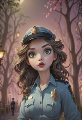 1girl,long hair,breasts,looking at viewer,brown hair,shirt,long sleeves,1boy,hat,medium breasts,green eyes,upper body,outdoors,parted lips,solo focus,collared shirt,artist name,blurry,uniform,tree,lips,eyelashes,makeup,night,buttons,depth of field,blurry background,wavy hair,moon,blue shirt,lipstick,blue headwear,curly hair,pocket,red lips,lamp,breast pocket,badge,police,lamppost,police uniform,policewoman,police hat,solo,thick eyebrows,full moon,bare tree