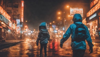 gloves,long sleeves,standing,jacket,male focus,outdoors,multiple boys,pants,hood,2boys,bag,from behind,hoodie,night,backpack,helmet,ground vehicle,building,scenery,motor vehicle,hood up,walking,science fiction,city,sign,light,road,multiple others,police,lamppost,street,police uniform,ambiguous gender,city lights,lights,cyberpunk,sky,blurry,blurry background,black pants,1other,rain,realistic,cityscape,dark